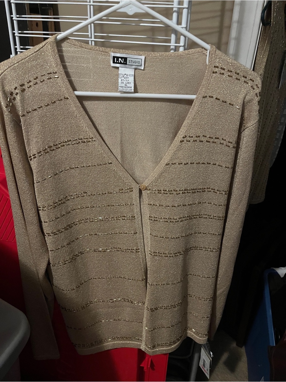 I.N. Studio Tan V-Neck Openwork Knit Cardigan XL